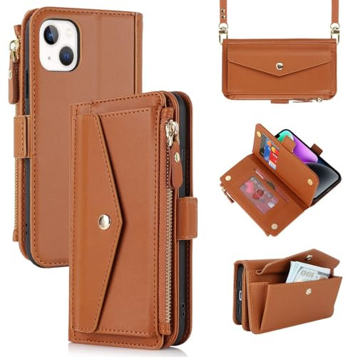 Zouzt for iPhone 13 Wallet Case for Women, Purse with Credit Card Holder Slots Crossbody Lanyard Strap Zipper Flip Book Shockproof Protective Phone Cover for Apple 13 6.1 Inch (Brown)
