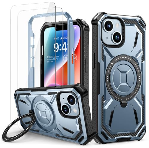 Lanhiem für iPhone 13 Hülle, für iPhone 14 Hülle mit 2 Stück Panzerglas, 360° Ring Ständer Schutzhülle, Militärischer Stoßfest Handyhülle für iPhone 13/14 Case, Blau