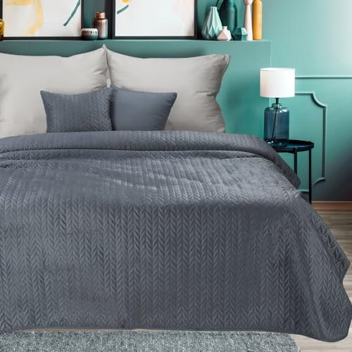 Eurofirany Tagesdecke LUIZ4 Gesteppter Bettüberwurf Steppung Ganzjährige Decke Elegante Steppdecke Einfarbig (Graphit, 170x210 cm)