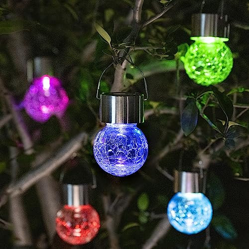 GIGALUMI Lot de 8 lampes solaires à suspendre, lampes solaires de jardin avec boule en verre craquelé multicolore changeante, lampes solaires d'extérieur étanches pour jardin, cour, patio, pelouse