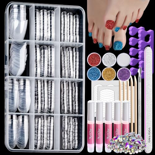 Teenitor 312pcs Clear Press On Nails Kit with Glitter, Acrylic Toe Nail Tips, Glue on Toenails
