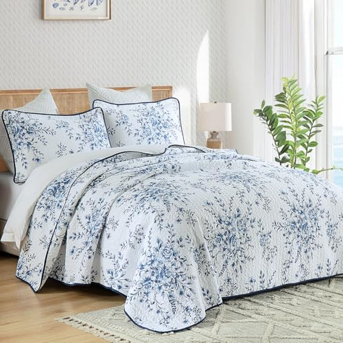 SahSahCasa 100% Cotton King Size Quilt Set, Quilted Bedspread, Lightweight Comforter, Botanical Pattern Bed Spread, All Season, 3pcs, Navy Blue/White