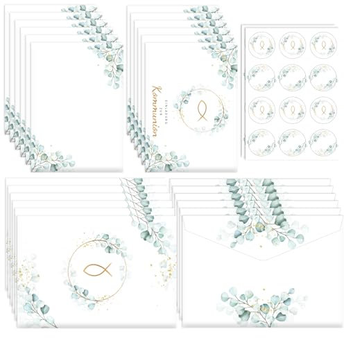 BGTLJKD 15 Stück Einladungskarten zur Kommunion mit Elegantes Blättermotiv und Umschlägen, Einladung Konfirmation Jungen Mädchen für Einladungen zur Erstkommunion