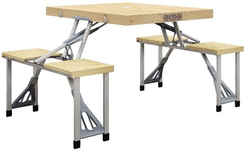 Outsunny Ensemble Table et Chaise de Camping Pliant Forme Valise Pique-Nique, Aluminium et Bois, dim. 86L x 72,5l x 67H cm