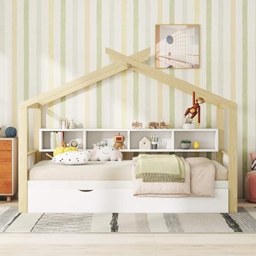 HYUB Kinderbett, Hausbett 140x200cm mit Stauraum und Rausfallschutz, Baumhausbett für 2 Kinder, Montessori Stil Bett mit Lattenrost und Dach, Multifunktionsholz Massivholzbett, für Junge Mädchen