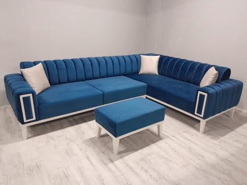 Generisch Ecksofa NOVA Samtsofa Schlafsofa Polster Hocker Blau Holzfüße, 226014468012