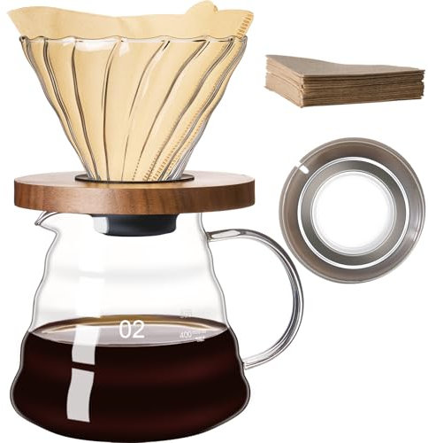 gegewawa Juego de cafetera de vertido, jarra de café de vidrio de borosilicato de 20 onzas con 50 filtros de papel V60, jarra de café de goteo para camping y hogar