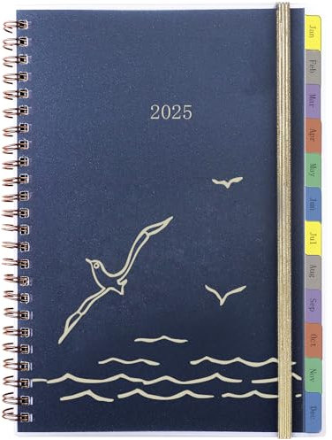 YHH Kalender 2025 Buchkalender A5 mit Monatsregistern, Tasche, Gummiband, Mehr Budget Notizen Kontakt Seite, Planer Terminplaner Wochenplaner Ringbuch 1 woche 2 seiten, Jan 25-Dez 25, Möwe