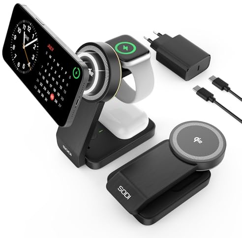 SODI Qi2 3-in-1 Magnetische Kabellose Ladestation (15W Max),Faltbares Schnellladegerät für iPhone 17/16/15/14/13/12, Apple Watch & AirPods,Kompaktes Reisezubehör mit Überhitzungsschutz