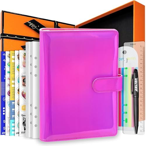 Zelten PU Leather Personal Notebook Planner with 67 Pages Loose-Leaf Papers 6 Holes Ring Binder Pen Holder Magnetic Buckle (Holographic Magenta,A5 Gift Box)