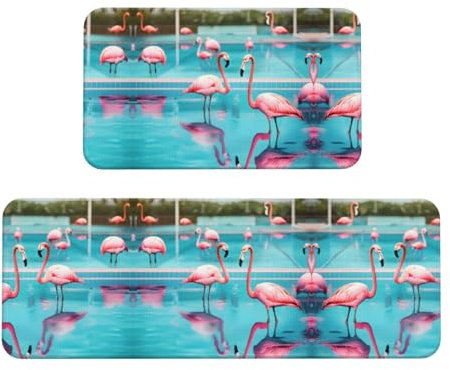 EdWal Set di 2 tappeti con stampa fenicottero e piscina, tappetini da cucina antiscivolo, tappetini impermeabili per ufficio e lavanderia