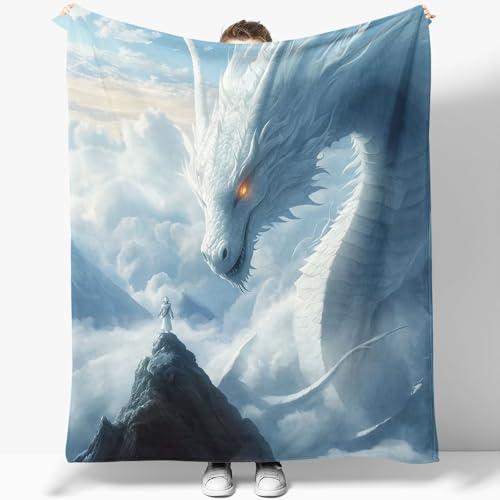 Kuscheldecke Flauschig 150 x 200 cm 3D Fleecedecke Weiß Fantasy-Stil Wolken Drachen,Plüsch Decke Tagesdecke Für Kinder Erwachsene, Weiche Flanell Fleecedecke Sofadecke Outdoordecke Für Sofa Bett