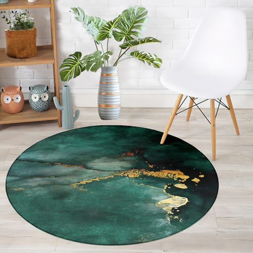 Hearda Teppich Rund Reppich Schlafzimmer, Innenbereich 3D Abstraktion Teppich Waschbarer rutschfest Teppich Flanell Flur Teppich für Wohnzimmer, Kinderzimmer, Büro (Grün Gold,120cm)