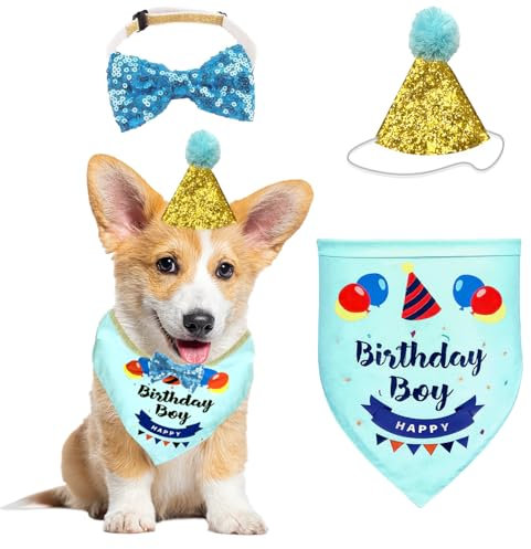 Halstuch für Hundegeburtstage Partyzubehör für Haustiere, dreieckiges Baumwolltuch für Jungen mit süßer Geburtstagsmütze für kleine und mittelgroße Hunde, Katzen, Hunde und Welpen (Blau)