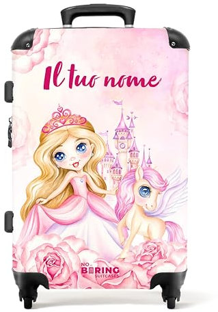 NoBoringSuitcases.com Koffer Mädchen, Koffer Personalisiert, Koffer Groß, TSA, Reisekoffer Rosa, Koffer 20kg Gepäck, Koffer Mittelgroß (Prinzessin und Schloss - Rosa-Lila, 67 cm - 72 L)