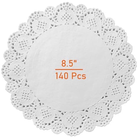 Deckchen Spitzenpapier 140 Stück Rund Tortenspitze Papier Spitzendeckchen Spitze Papierdeckchen Tassenuntersetzer Kuchen Verpackung Pad für Hochzeiten Geburtstagsfeier Geschirrdekoration 21.5x21.5 cm