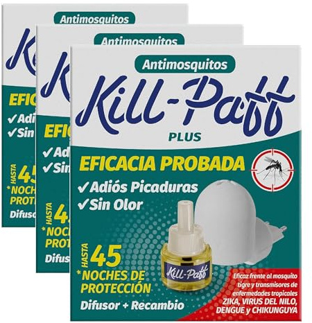 KILL-PAFF | Antimosquitos Eléctrico | Protección Eficaz Contra Mosquitos Tigre y Transmisores de Enfermedades Tropicales | Sin Olor | 45 Noches de Protección | 1 Difusor Eléctrico + 1 Recambio 33 ml