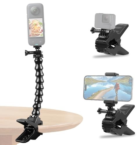 PULUZ Action Kamera Halterung Schwanenhals Klemme für Gopro Hero13 12 11 10 9 8, Flexible Jaws Stand mit Telefonhalterung für insta360 und andere Action Kamera
