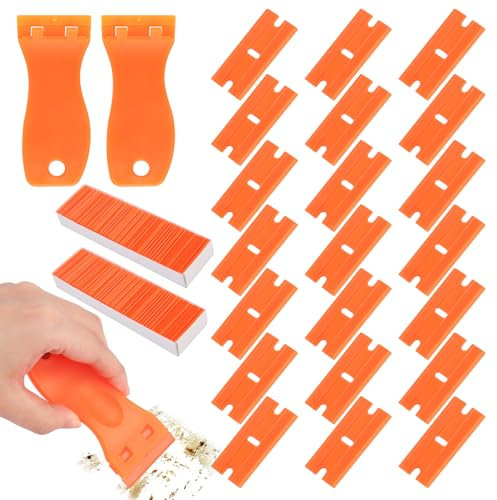 2 Stück Kunststoffschaber, Kunststoffspachtel mit 200 Kunststoff Klingen, Plastikspachtel, Plastik Schaber für Klebereste Entferner, Etikettenlöser, Klebstoffentferner, Aufkleber Entfernen