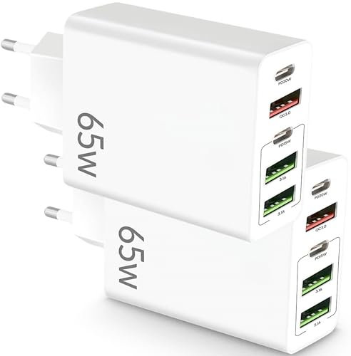 Pack 2 Cargador USB C - Carga Rápida - Cargador USB Múltiple 5 Puertos - Enchufe Multiple USB C 65 W – Adaptador Compatible con Samsung, iPad, iPhone, Google, Carga Rapida.65W