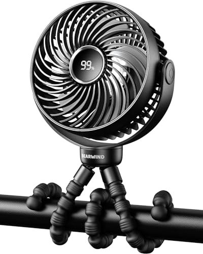 Bearwind Rechargeable Pram Fan - 4-Speed LED Night Light Baby Fan | Detachable Tripod & Buggy Clip | Stroller for Pushchair, Car Seat, Crib, Bed, Office Travel