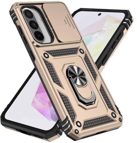 WOWUDI Coque pour iPhone 15,Cache-Objectif Coulissant Etui de Protection la sans Fil en PC Dur avec [Magnétique Ring Support],Housse de Défense Case- Or