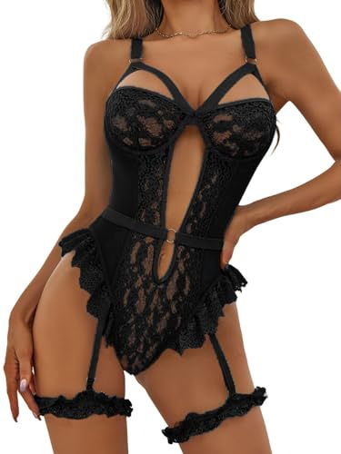 NLAND Conjunto de Lencería para Mujer Ropa Interior con Liguero Body de Encaje Bodysuit con Sujetador Push Up y 2 Anillos en Los Muslos