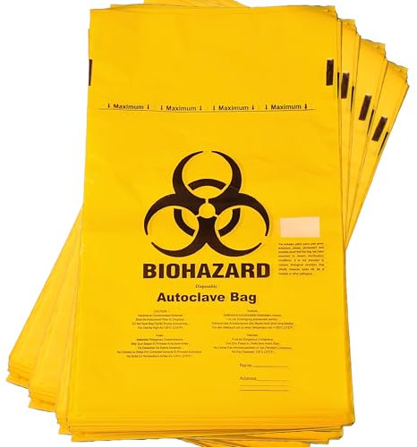 Labsales Biohazard Waste Disposal Bags Yellow, Heavy-Duty, Leak Proof for Hazardous Waste Bio Hazard Disposal, with Sterilisation Indicator Patch 8L Volume 300x500mm Pack of 100 - Autoclavable