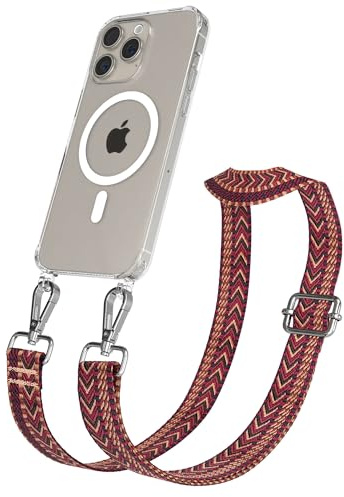 EAZY CASE Handykette - Verstellbares Taschenband kompatibel mit iPhone 15 Pro Max, Schulterriemen, Handykordel mit Silikon Hülle, Qi Charging kompatibel, Umhängetasche, Rot Braun Silber
