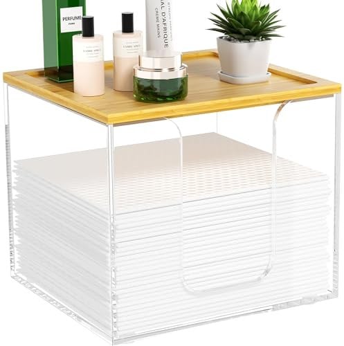 VITVITI Plastic Drawers Organiser, Acrylic Storage Box, Clear Makeup Skincare Organiser, Stackable Storage Drawers with Bamboo Lid for Vanity, Cupboard, Under Sink