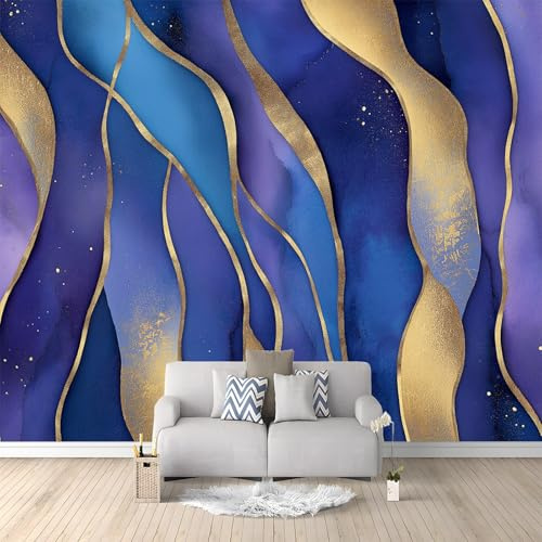 WHUOEUCO 3D Foto Tapete Geometrisches Blau-Goldenes Muster 350x256 cm Motivtapeten Wandbild Vlies Fototapete Poster Wandtapete, für Schlafzimmer Wohnzimmer TV-Hintergrund Wanddeko