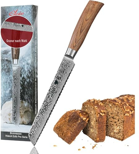 Wakoli EDIB Pro Damast Brotmesser mit Gravur – Personalisiertes Messer, 20 cm Wellenschliff-Klinge aus 67 Lagen Damaststahl (VG10-Kern), Pakkaholzgriff, Geschenkbox – Individuelles Geschenk