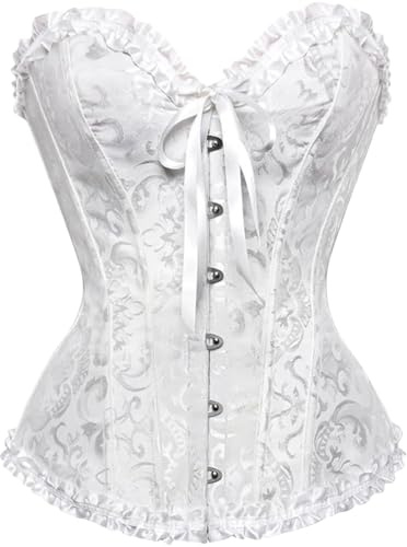 Nuoke Black Corset Top Lace Up Satin Boned Overbust Bustier Top Vintage Bridal Lingerie Bodyshaper Halloween Gothic Underbust Sexy Bodysuit (White, XXL)