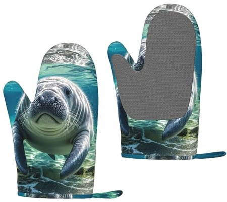 Silicone Oven Mitts Pair Heat Resistant Barbecue Gloves Non-Slip Grip Oven Glove Ocean Animal Manatee Oven Mitts Soft Baking Gloves Waterproof Non-Slip Kitchen Mittens for Baking Cooking BBQ