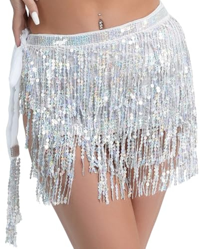 Damen Pailletten Quaste Rock, Pailletten Quasten Rock für Bauchtanz,Fransen Festival Glitzerrock für Damen Mädchen Karneval Fasching Party (Silber)
