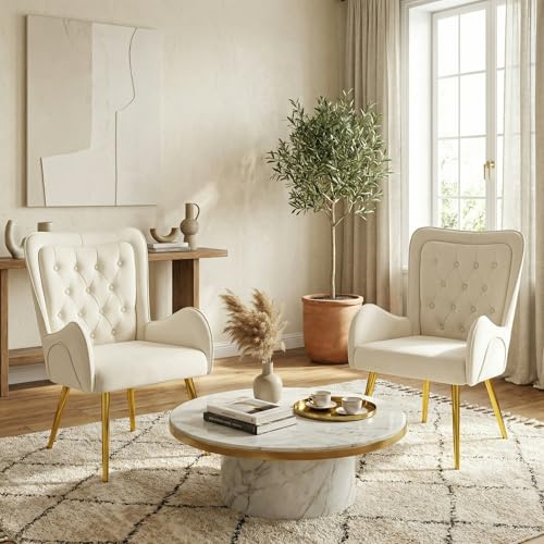Hellove Ohrensessel mit Golden Metallbeinen, Luxuriös 2er Set Leder Relaxsessel Wohnzimmer Bequemer Schminktisch Stuhl Polsterstuhl Armchair Sessel, Lesesessel Loungesessel für Schlafzimmer Beige