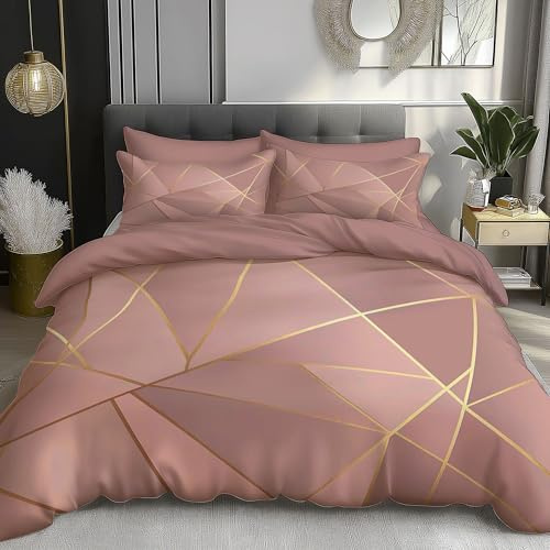 DACRWEKZ Abstract Geometry Duvet Cover King Size Bedding (230x220cm) – 2 Pillowcases– Rose Gold Lines – Soft Festive Beddings, Cream – Ultrasoft Luxury Quilt Cover Bedding Sets with Zipper Closure