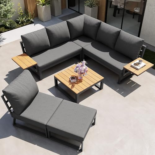 Lahoomu L-Form Garten Sofa Set mit Holzarmlehnen/Wetterfeste Eckgarnitur & Liege aus Eisen/Inkl. Holztisch, Sessel & Hocker 7-Personen/Mit Polstern, Grau
