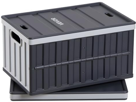 VEVOR Plastic Collapsible Storage Bins with Lids, 65L 2 Packs, Stackable Folding Storage Crates with Handles, Holds 84 lbs Per Bin, Heavy Duty Containers, Space-Saving Baskets, for Home Organizing