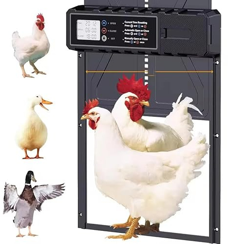 Porta automatica per pollaio in alluminio Eznaobo, pollaio elettrico con 2 modalità, impermeabile con ampio display, timer, protezione intelligente anti-pizzicamento, apriporta verticale
