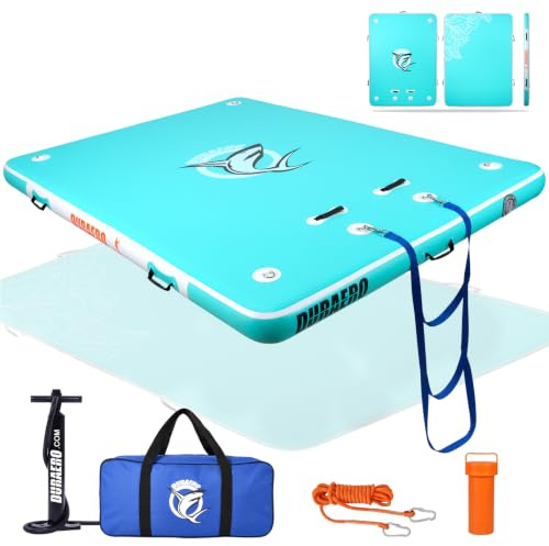 DURAERO Plateforme Flottante Gonflable 240 x 180 x 15 cm, Ponton Flottant PVC Drop-Stitch pour Bateau, Lac et Piscine, Jusqu’à 4 Personnes, avec Échelle, Pompe et Kit Réparation