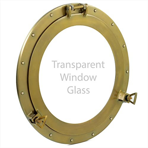 Nagina International Miroir de hublot de Bateau Nautique Fini Verni à la Poudre de Laiton Antique Fini Nautique | Collectibles et Cadeaux de Wall Decor Mirror 17 Pouces, Verre Transparent (fenêtre)