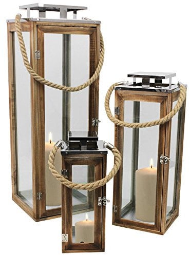 -Lot de 3 lanternes avec poignée corde - 34, 50 et 70 cm de hauteur - Pour éclairage de jardin