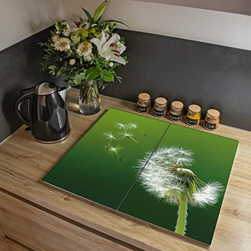 banjado Ceranfeld Abdeckung Glas 2-teilig 60x52 cm, Herdabdeckplatten und Schneidebrett Küche aus gehärtetem Glas, dekorativer Küchen Spritzschutz Blumen & Pflanzen mit Motiv Pusteblume