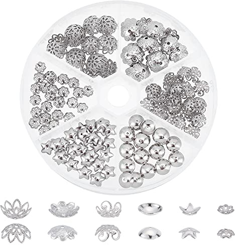 PandaHall 180pcs 304 Edelstahl Bead Cap 6-Stile Muiti-Petal Runde filigrane Blume Cup Form Bead Abstandsperlen für Ohrring Armband Halskette Schmuckherstellung