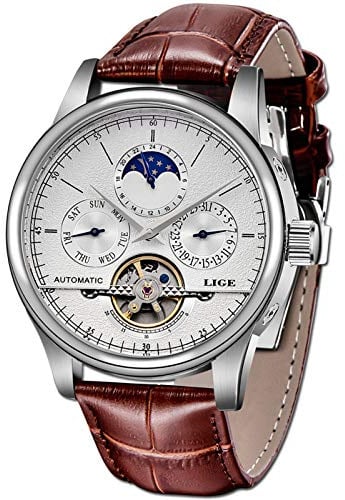 LIGE Herren Armbanduhr, wasserdicht, Business-Kalender, mechanisch, Automatik, goldfarbenes und weißes Lederarmband silberfarben / weiß