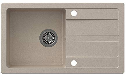 VBChome Fregadero de 77 x 44 cm de granito beige para empotrar, superficie de drenaje moteada, reversible, compuesto + sifón dispensador de detergente