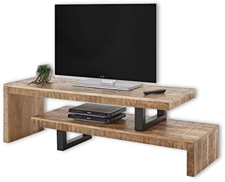 Stella Trading TV-Lowboard Massivholz Mango individuell verstellbar - hochwertiges TV-Board im Industrial Style für Ihr Wohnzimmer - 140 x 45 x 40 cm (B/H/T)