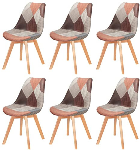 Ein Set von 2/4/6 Polsterstühlen Patchwork Esszimmerstühlen aus natürlichem Buchenholz, geeignet für Esszimmer, Schlafzimmer, Wohnzimmer usw. (Rot+Grau, 6)