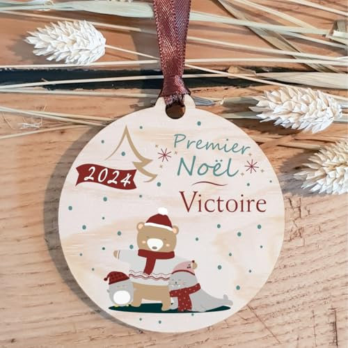 Décoration de Sapin Mon Premier Noël en Bois personnalisée avec Le prénom de l'enfant (Une Alternative à la Boule 1er noël en Verre, Personnalisation Offerte) BBR4
